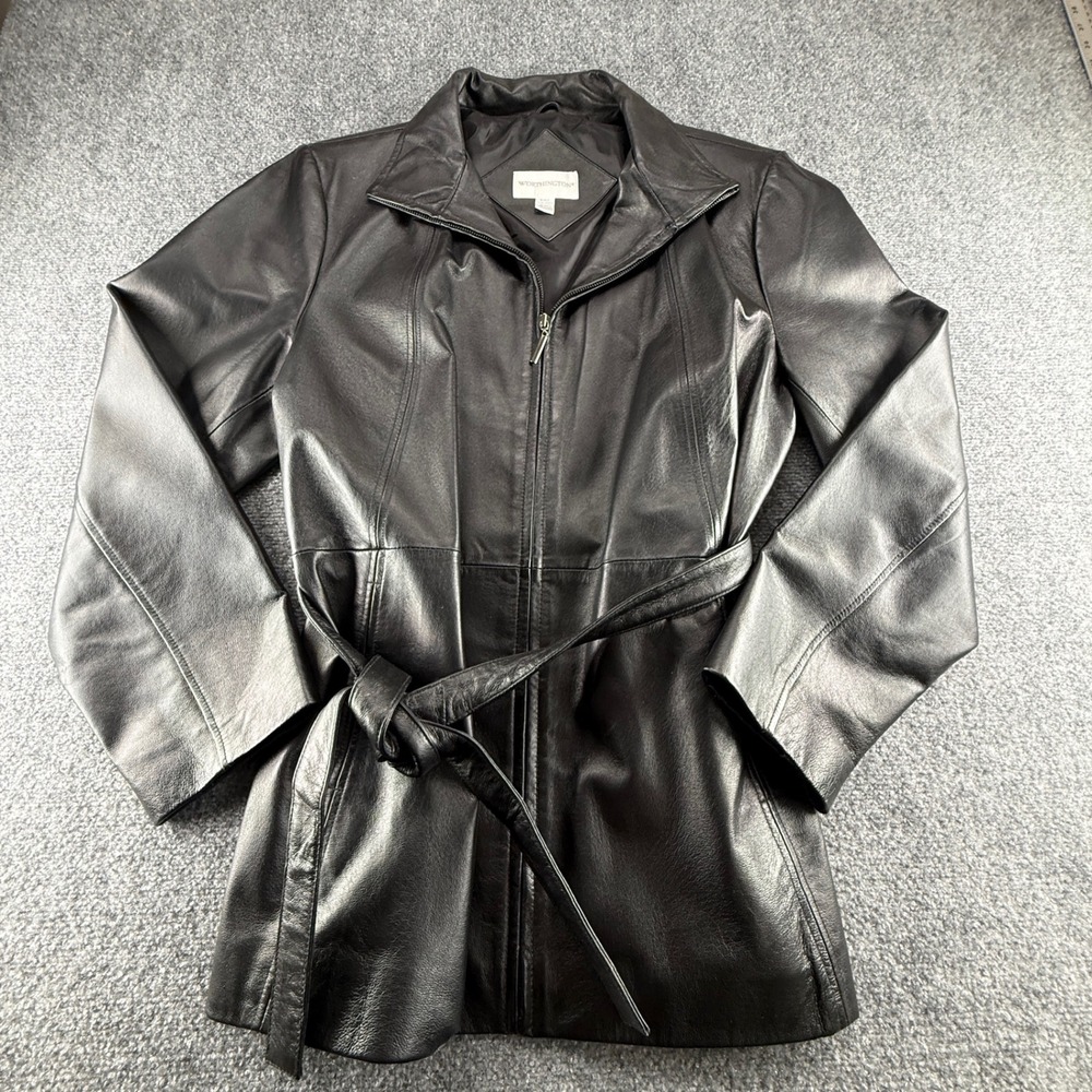 Worthington Black Leather Belted Zip Up Jacket Womens XL Trench Coat 0346